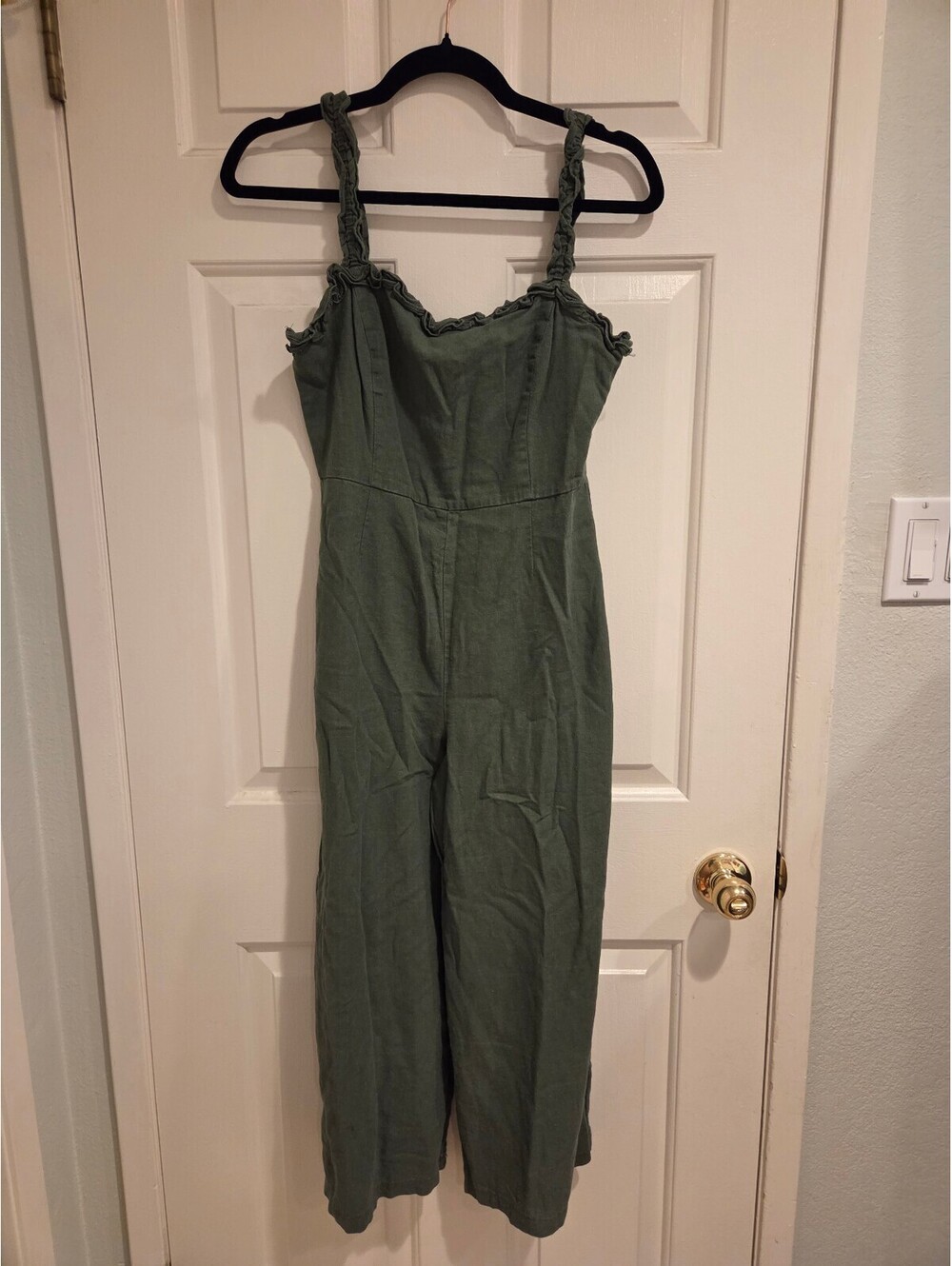 Olive Green Women's Sleeveless Jumpsuit with Ruffle Straps- small